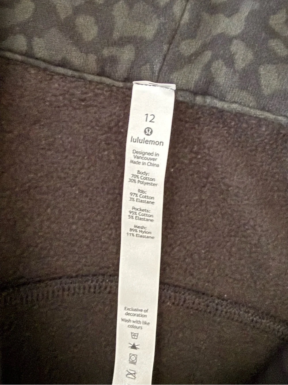 Lululemon Camo Leopard Full Zip Hoodie Jacket Pocket Black/Grey Scuba Thumb Slit